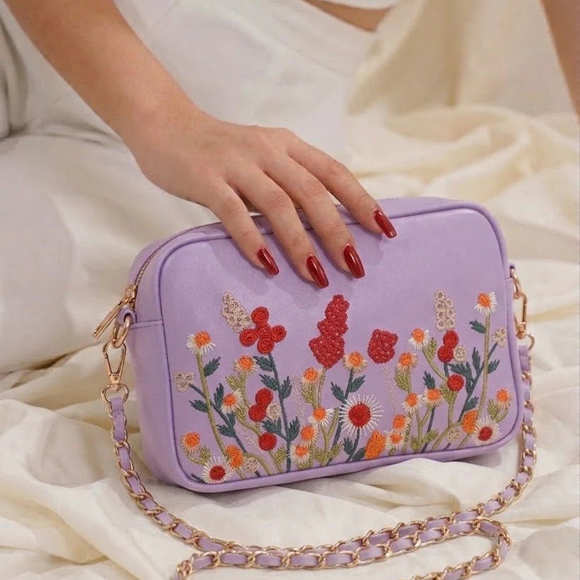 Floral Embroidered Chain Shoulder Bag for Women