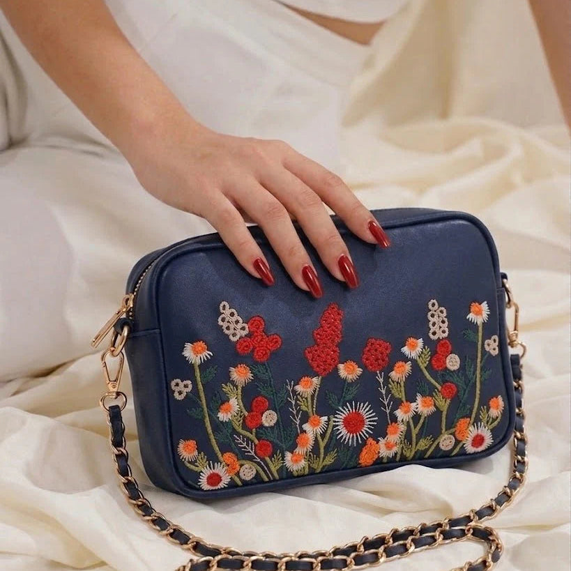Floral Embroidered Chain Shoulder Bag for Women
