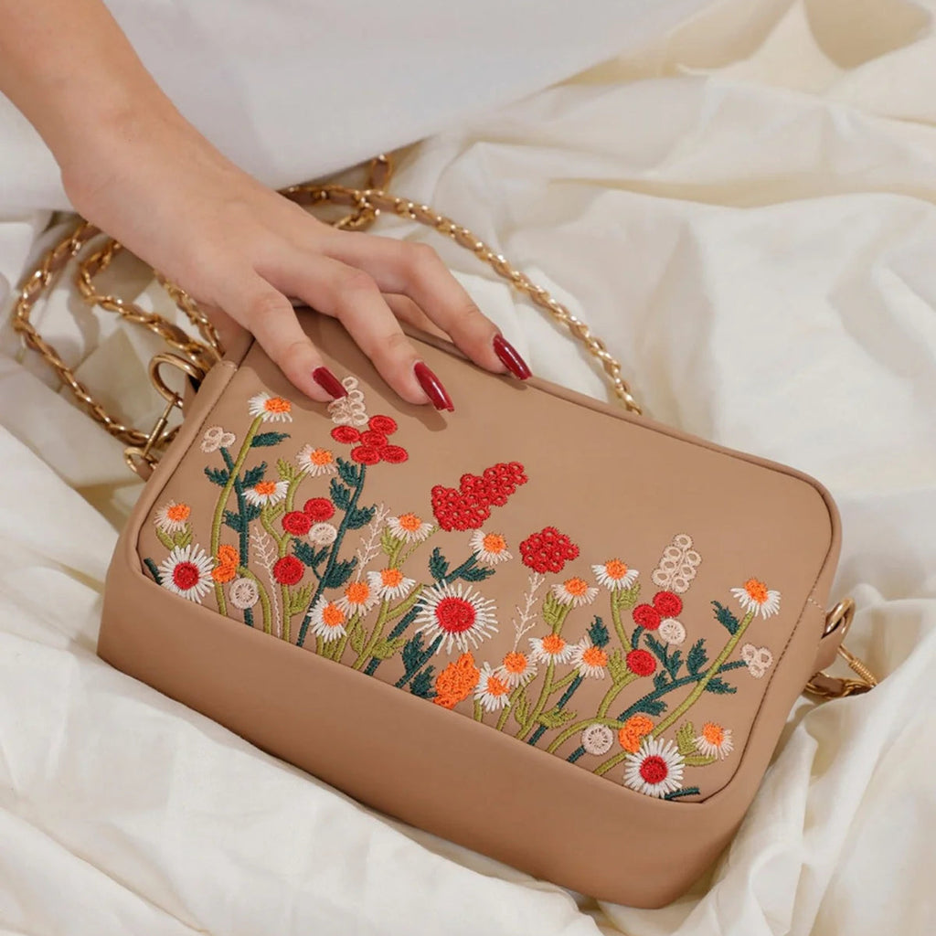Floral Embroidered Chain Shoulder Bag for Women
